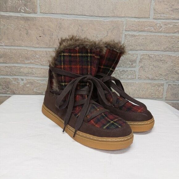Rocket Dog Red Plaid Faux Fur Trim Winter Boot Size 8.5 Ankle Bootie Brown - Picture 1 of 7